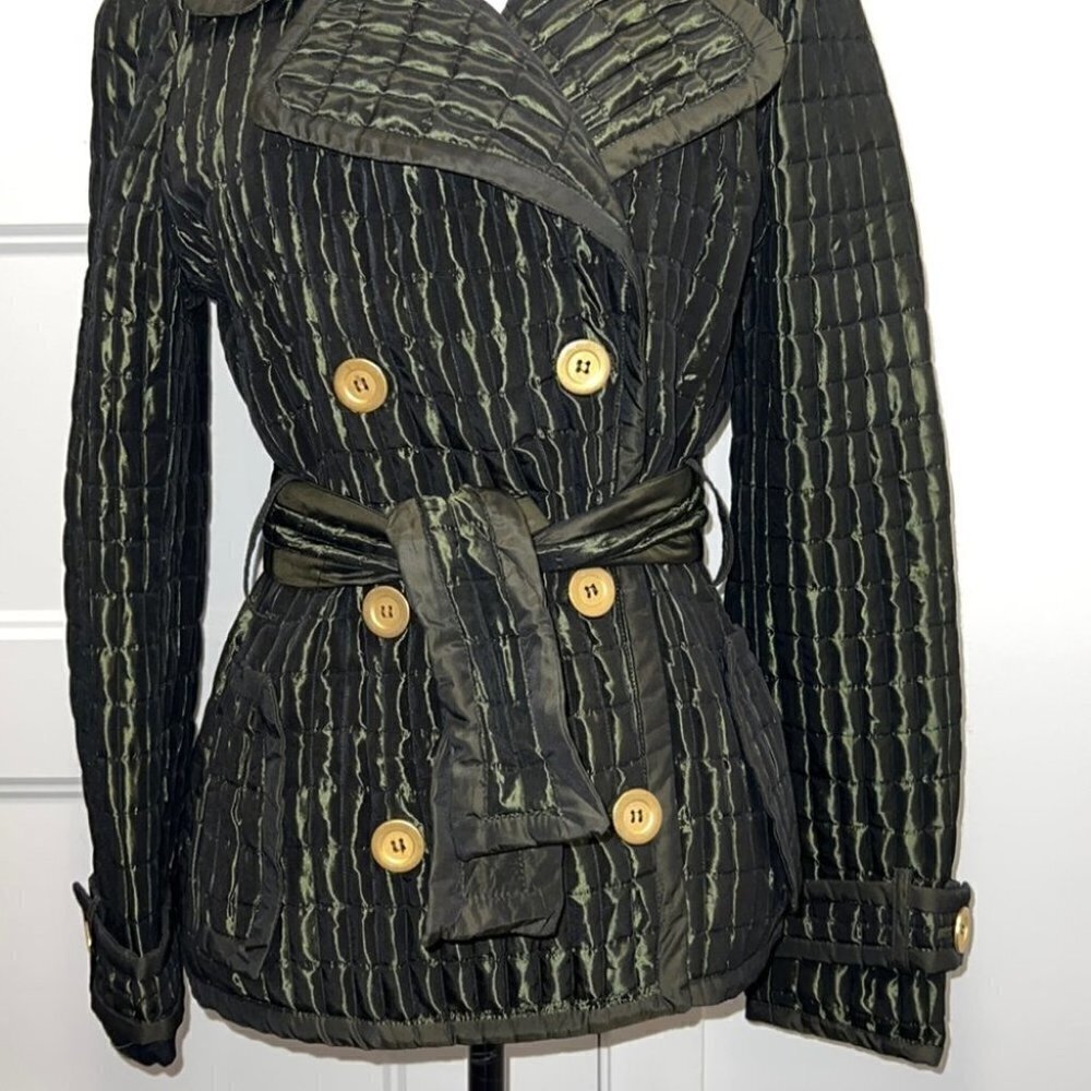 ZARA Woman Metallic Green Quilted Double Breasted Tied Trench Coat Size Medium - Picture 4 of 16